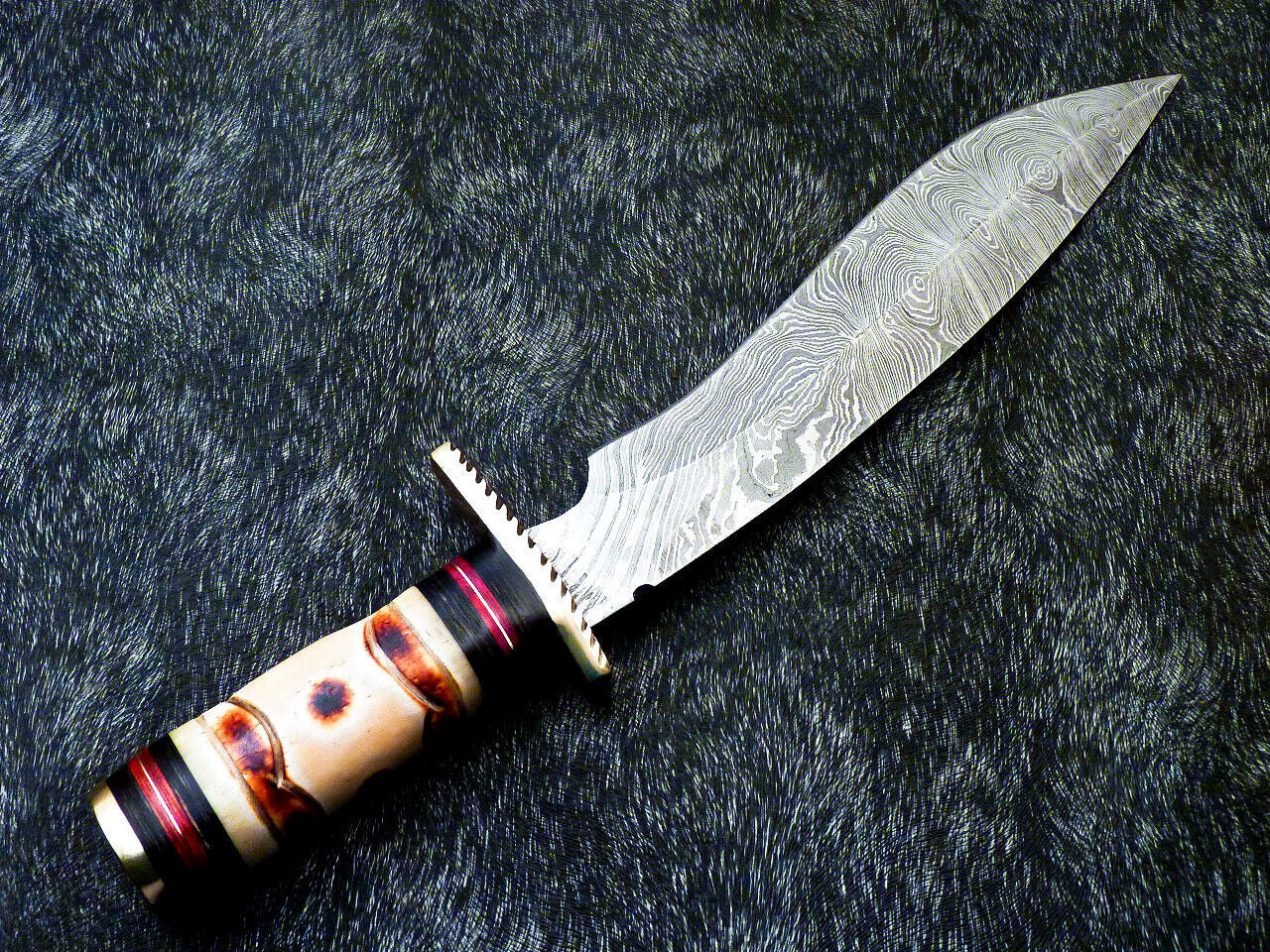 14.75" Hand Forged Damascus Steel Bowie – Engraved Camel Bone & Hardwood Handle with Brass Bolster
