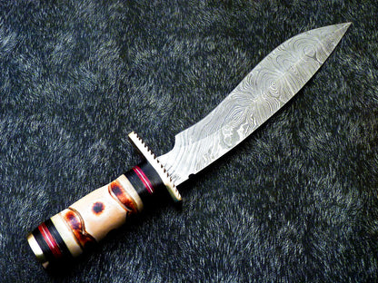 14.75" Hand Forged Damascus Steel Bowie – Engraved Camel Bone & Hardwood Handle with Brass Bolster