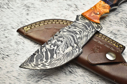 10.0" Handmade Damascus Steel Tracker Knife | Hardwood Handle + Leather