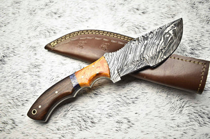 10.0" Handmade Damascus Steel Tracker Knife | Hardwood Handle + Leather