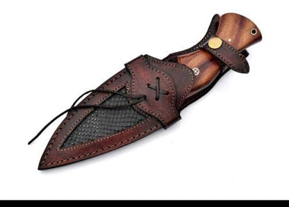 Heritage Forge 9.7 Inch Damascus Steel Bowie Hunting Knife with Walnut Wood Handle and Leather Sheath