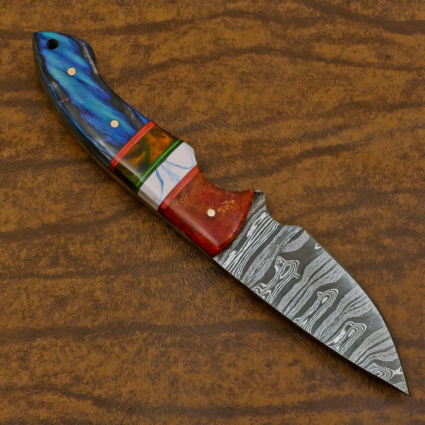 Handmade Damascus Steel Skinner Knife with Resin Wood Handle – Custom EDC Hunting Blade