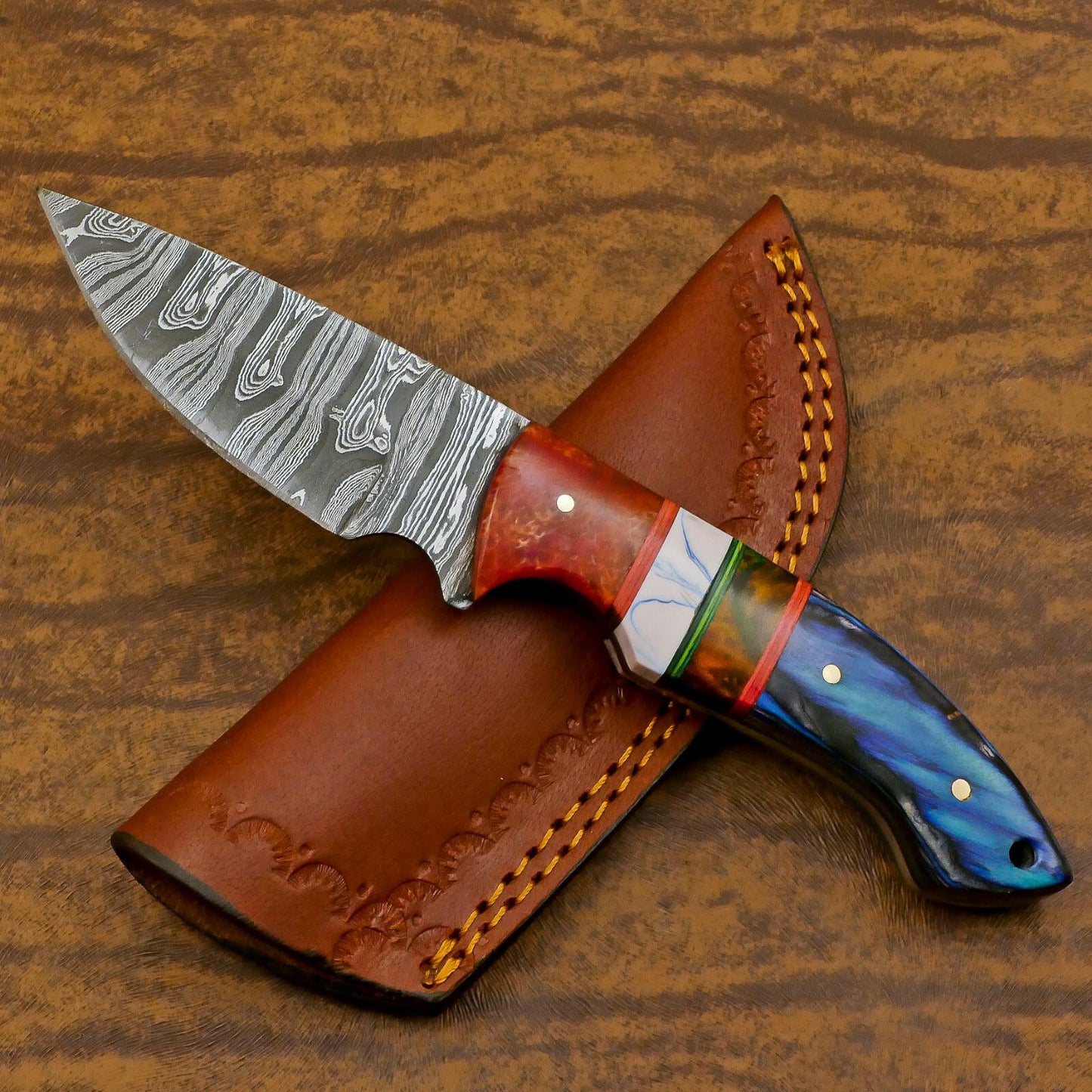 Handmade Damascus Steel Skinner Knife with Resin Wood Handle – Custom EDC Hunting Blade