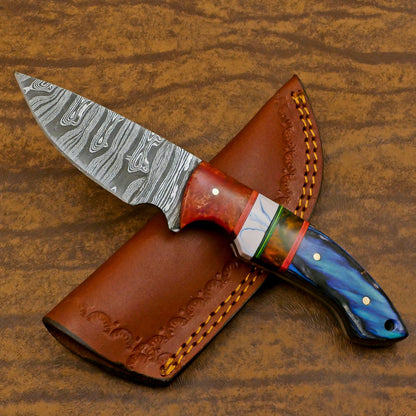 Handmade Damascus Steel Skinner Knife with Resin Wood Handle – Custom EDC Hunting Blade