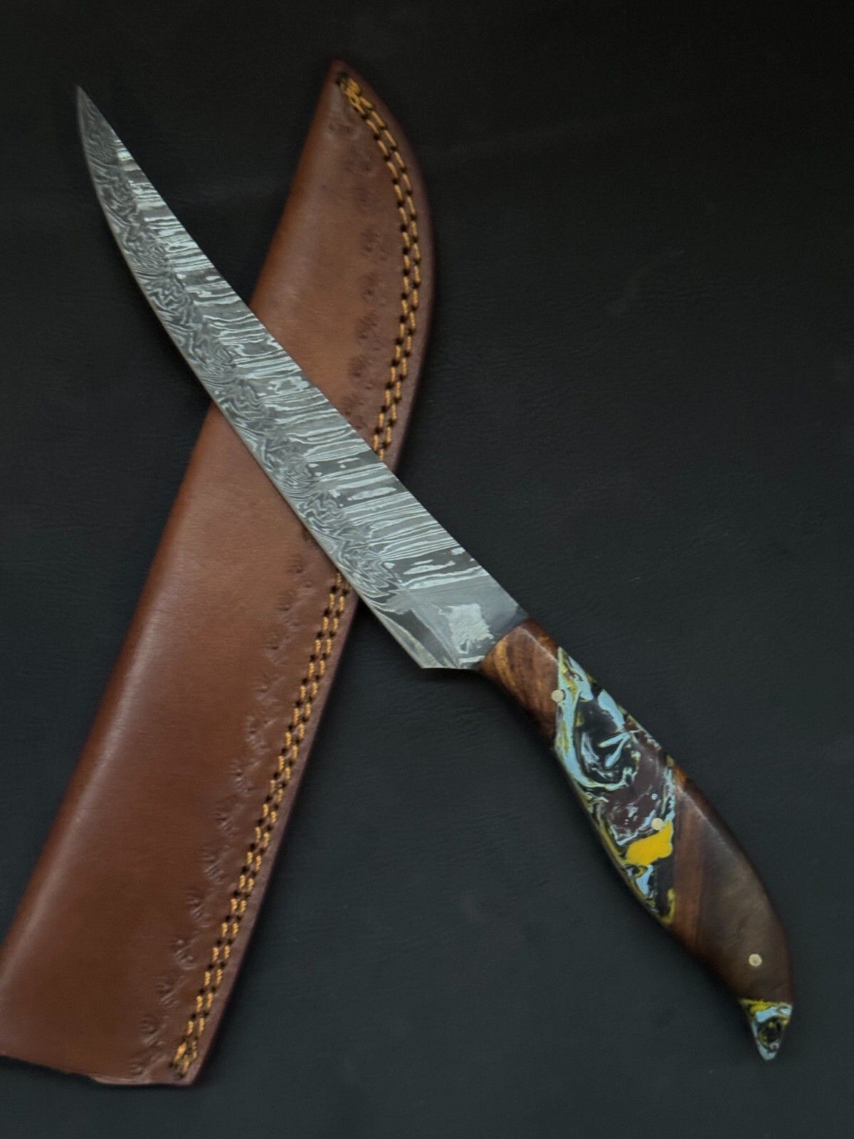 12" Damascus Fillet Knife Handmade Custom Fillet Knife with Resin & Wood Handle