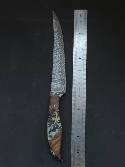 12" Damascus Fillet Knife Handmade Custom Fillet Knife with Resin & Wood Handle