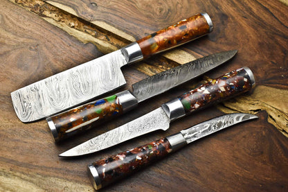 Lot of 4 Handmade Damascus Steel Blade Chef Knife Set – 100% Handmade
