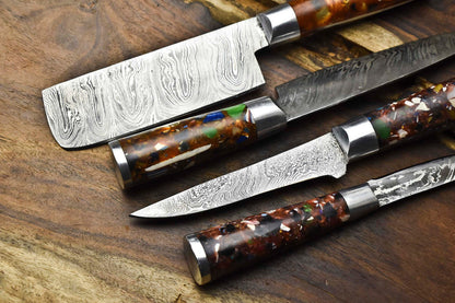 Lot of 4 Handmade Damascus Steel Blade Chef Knife Set – 100% Handmade