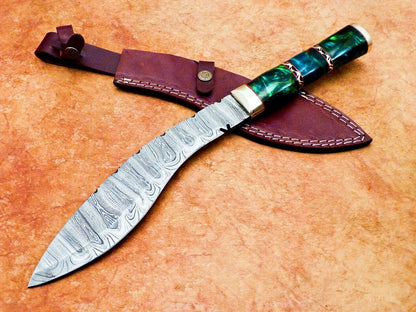 15 Inch Damascus Kukri Knife Resin Handle and Brass Bolster
