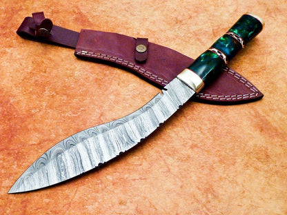 15 Inch Damascus Kukri Knife Resin Handle and Brass Bolster