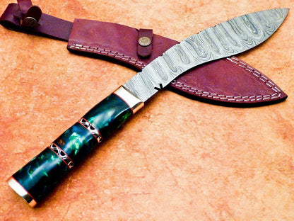 15 Inch Damascus Kukri Knife Resin Handle and Brass Bolster