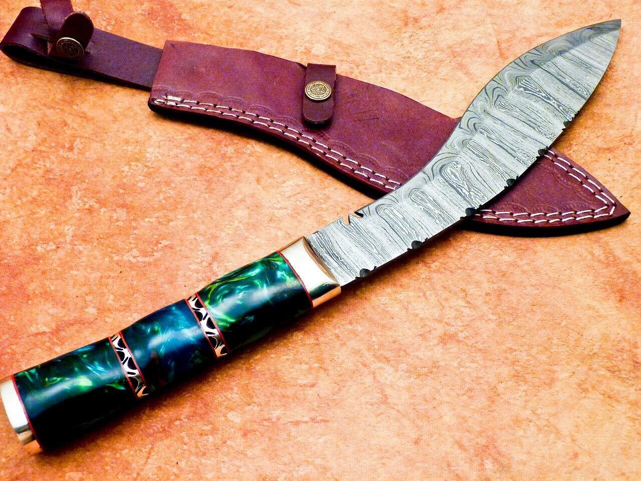 15 Inch Damascus Kukri Knife Resin Handle and Brass Bolster