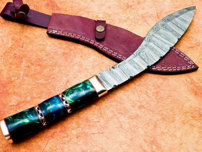 15 Inch Damascus Kukri Knife Resin Handle and Brass Bolster