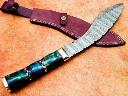 15 Inch Damascus Kukri Knife Resin Handle and Brass Bolster