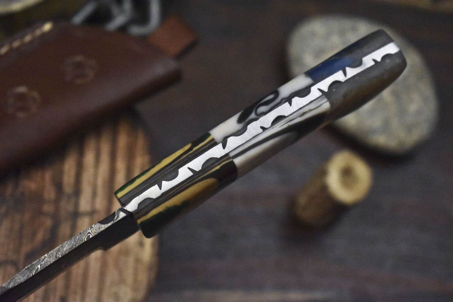 Twist Damascus Skinner Knife with Corain Handle and Micarta Bolster for Sports Hunting