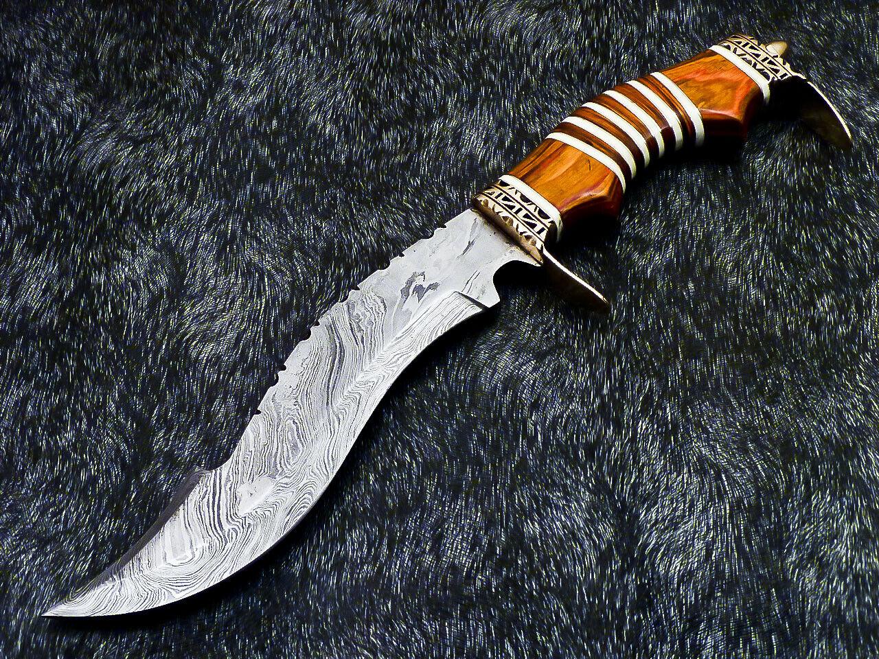 13" Damascus Bowie Knife – Hardwood & Camel Bone Handle with Leather Sheath
