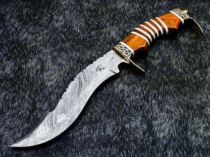13" Damascus Bowie Knife – Hardwood & Camel Bone Handle with Leather Sheath