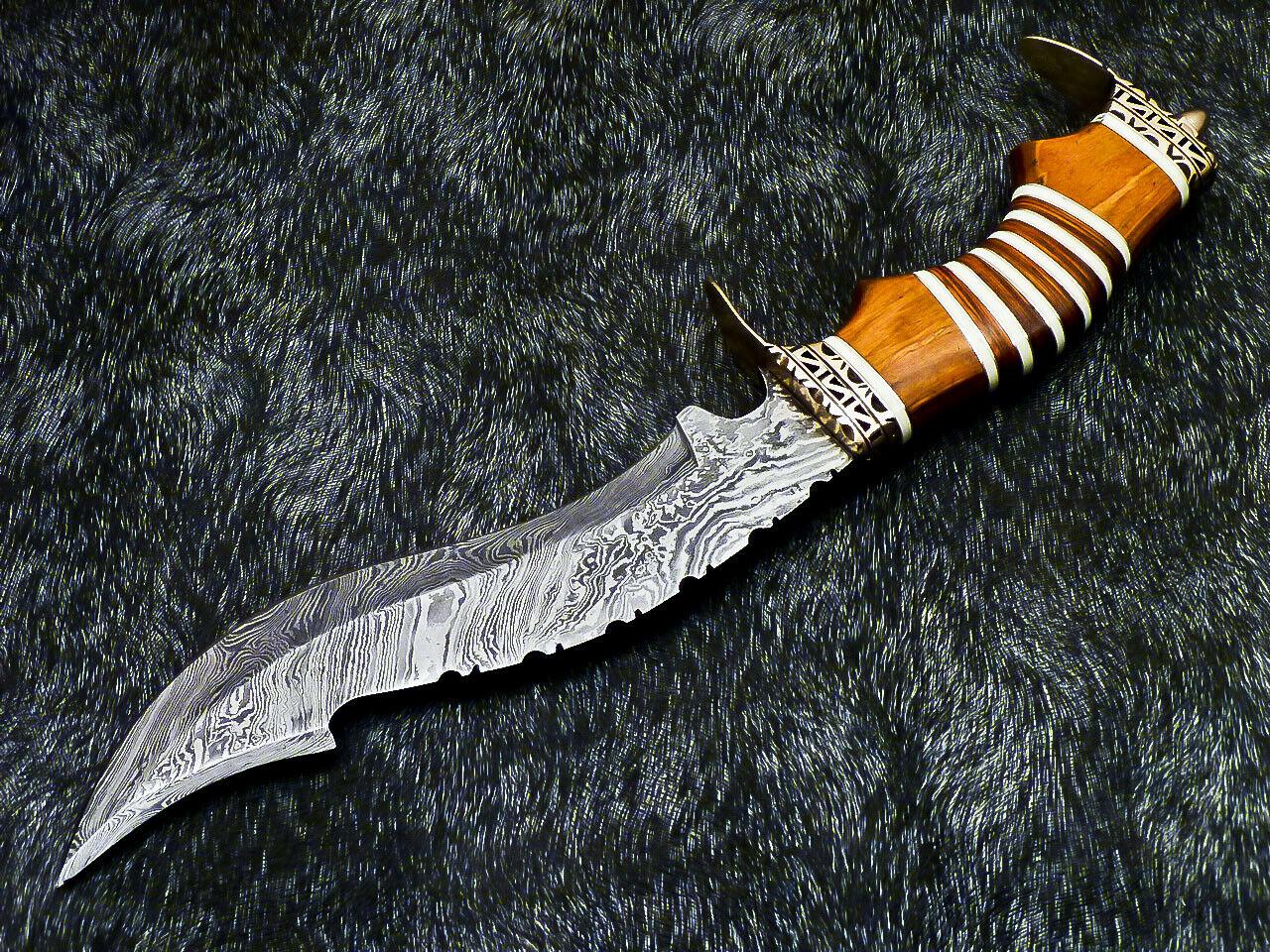 13" Damascus Bowie Knife – Hardwood & Camel Bone Handle with Leather Sheath