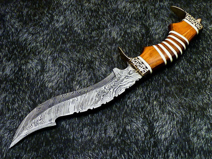 13" Damascus Bowie Knife – Hardwood & Camel Bone Handle with Leather Sheath