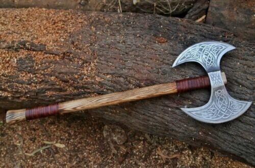 Double Headed Viking Battle Axe Hand Forged Carbon Steel Double Blade Axe with Ash Wood Handle 24 Inch