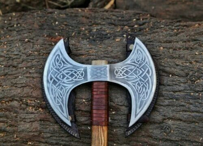 Double Headed Viking Battle Axe Hand Forged Carbon Steel Double Blade Axe with Ash Wood Handle 24 Inch