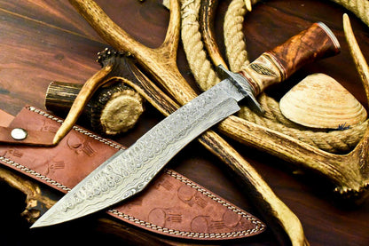 15" Damascus Bowie Knife – Camel Bone Handle & Leather Sheath
