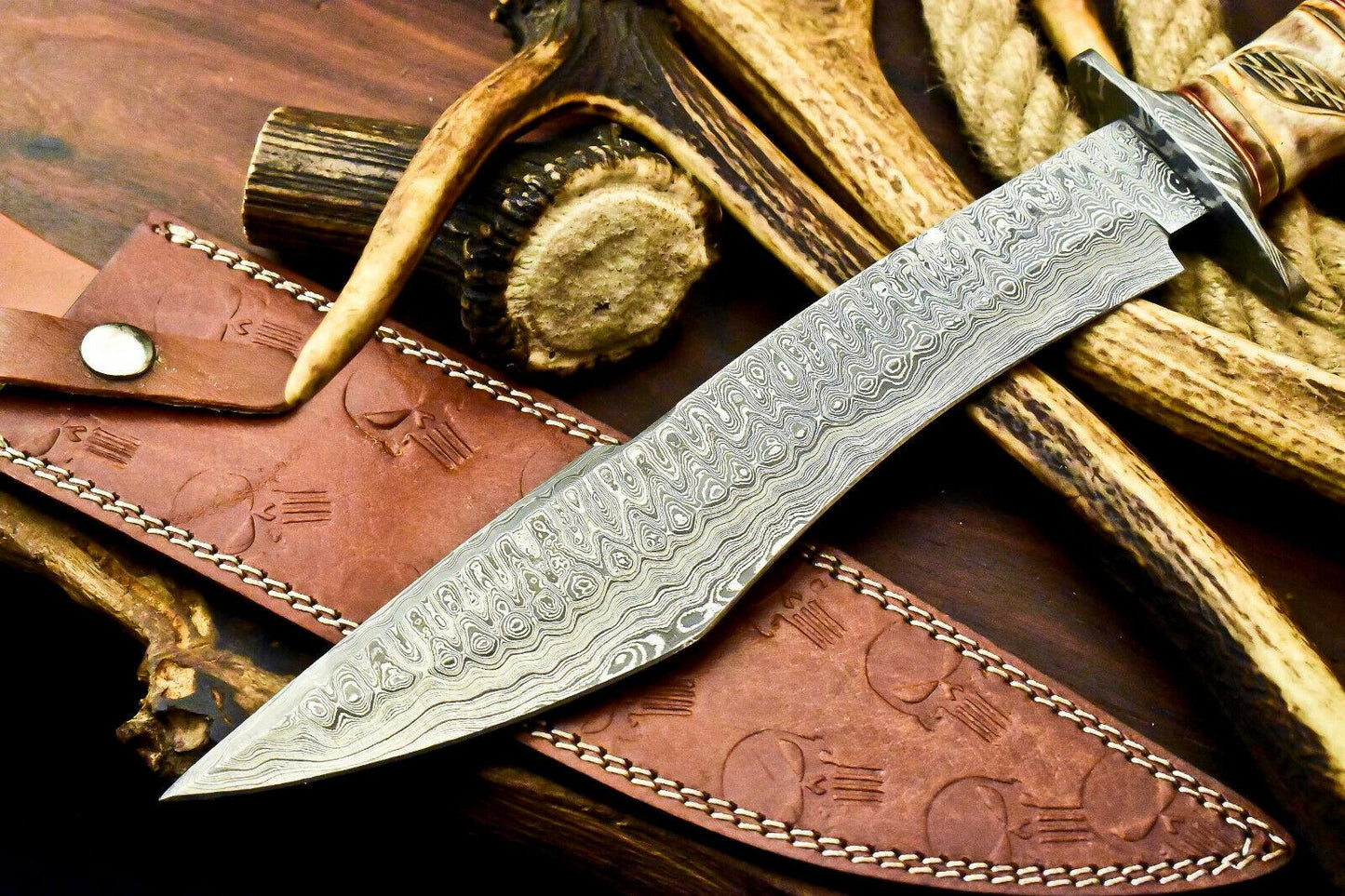 15" Damascus Bowie Knife – Camel Bone Handle & Leather Sheath