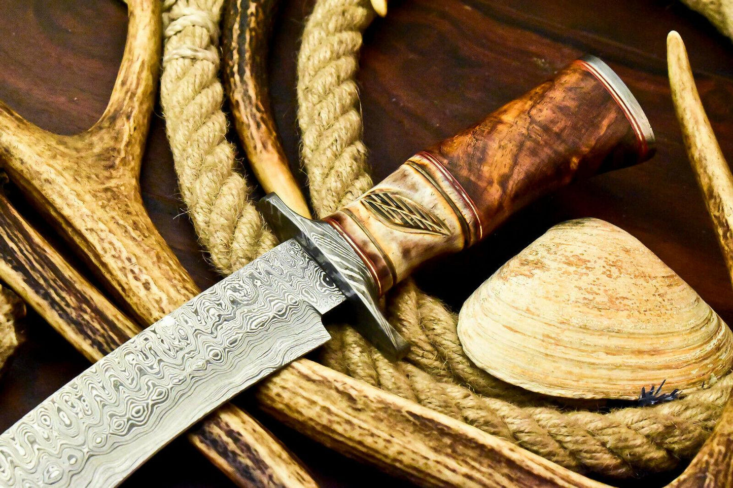 15" Damascus Bowie Knife – Camel Bone Handle & Leather Sheath