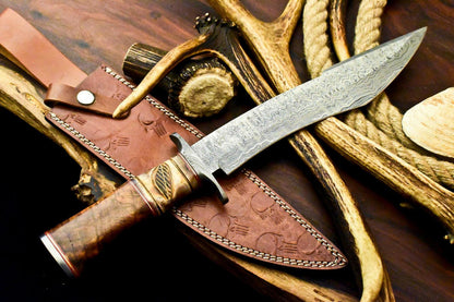 15" Damascus Bowie Knife – Camel Bone Handle & Leather Sheath