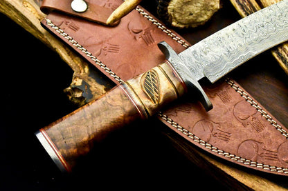 15" Damascus Bowie Knife – Camel Bone Handle & Leather Sheath