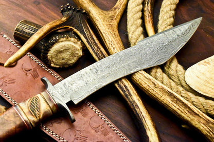 15" Damascus Bowie Knife – Camel Bone Handle & Leather Sheath