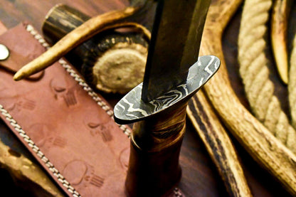 15" Damascus Bowie Knife – Camel Bone Handle & Leather Sheath