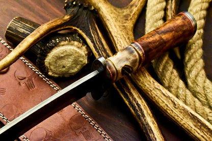 15" Damascus Bowie Knife – Camel Bone Handle & Leather Sheath