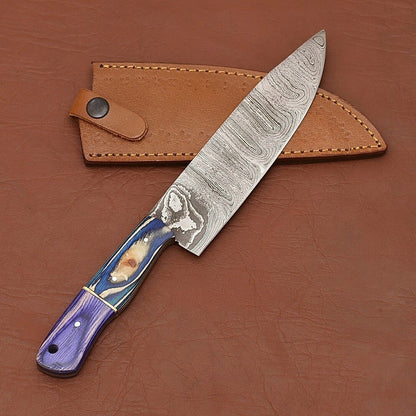 Hand-Forged Damascus Steel Chef Fillet Knife with Pakka Wood Handle & Leather Sheath