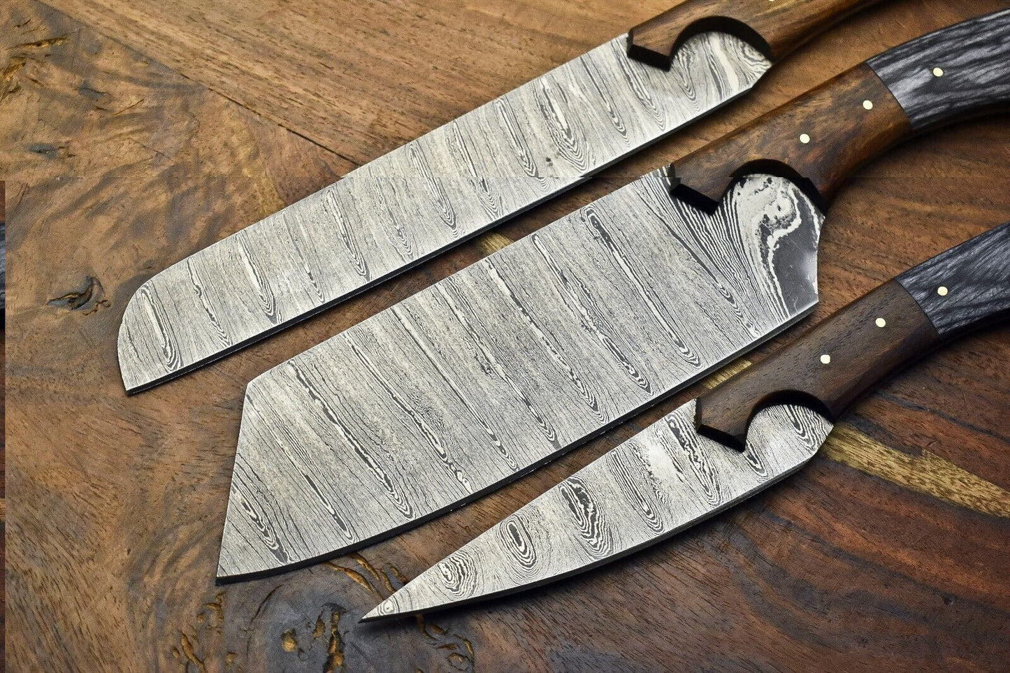 Lot of 3 Handmade Damascus Steel Full Tang Chef & Steak Knives