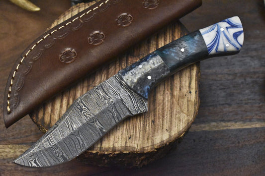 Hand Crafted Twist Damascus Skinner Knife with Corian Handle & Micarta Bolster for EDC and Hunting