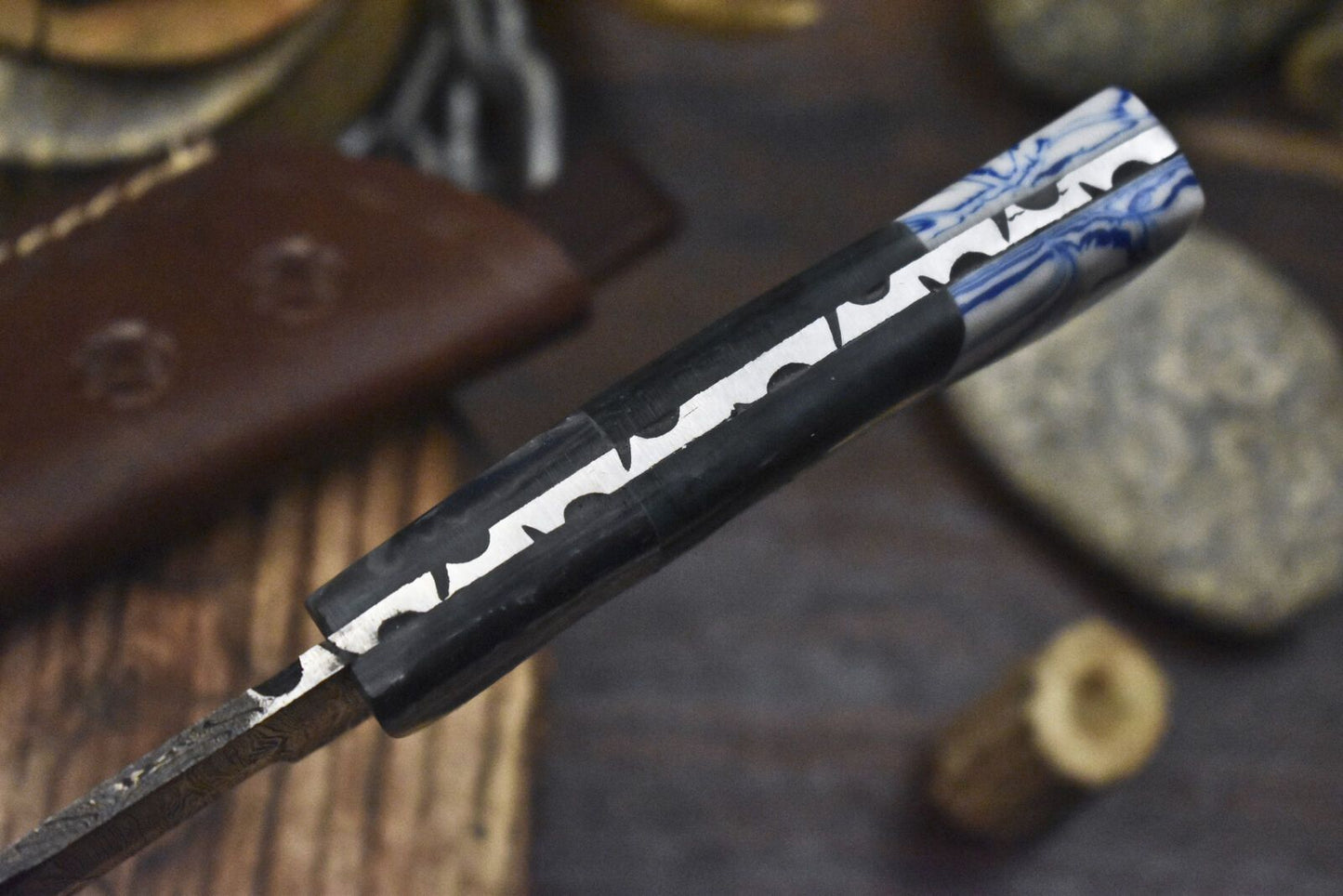 Hand Crafted Twist Damascus Skinner Knife with Corian Handle & Micarta Bolster for EDC and Hunting
