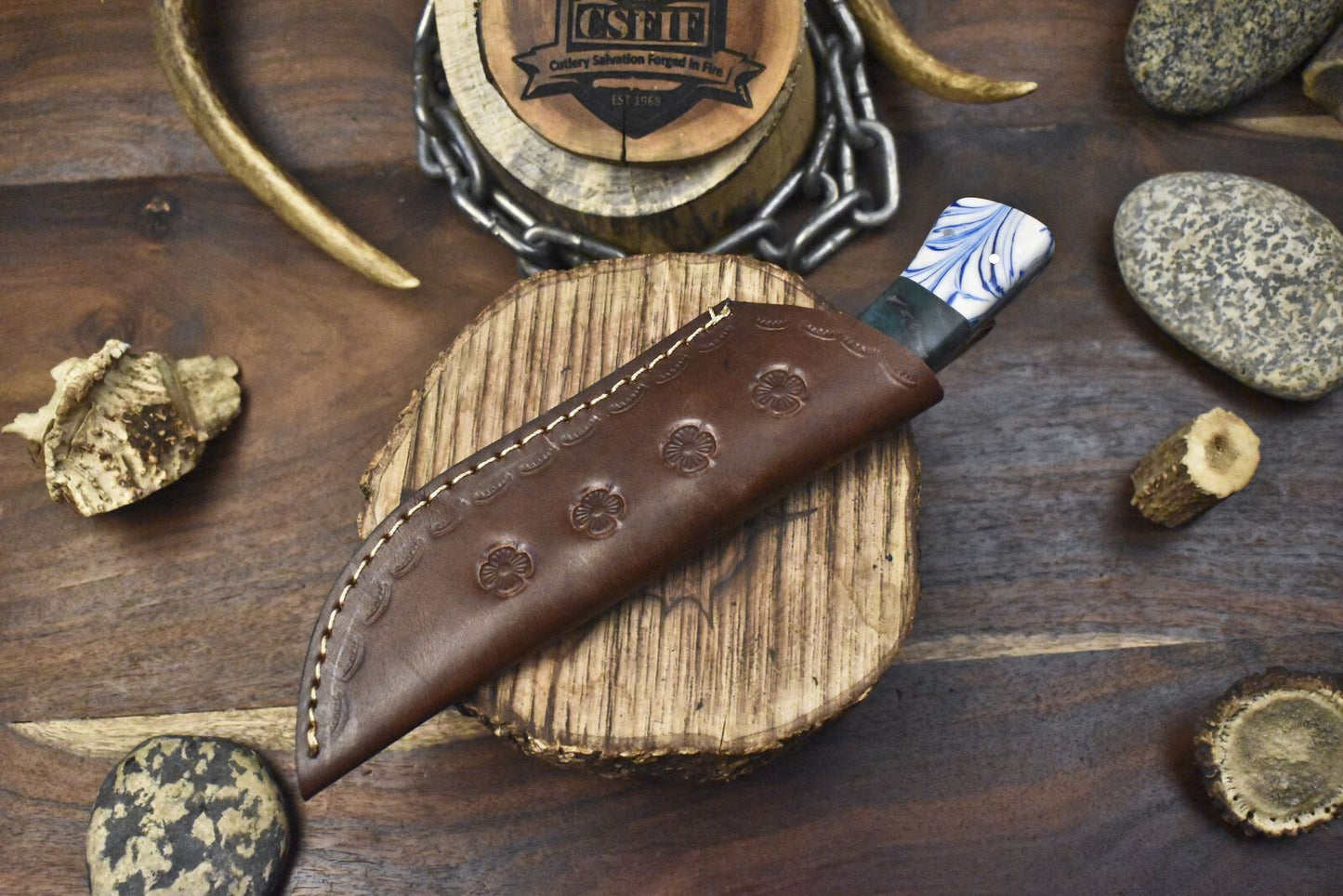 Hand Crafted Twist Damascus Skinner Knife with Corian Handle & Micarta Bolster for EDC and Hunting
