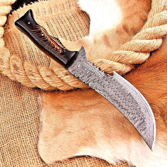 Custom Handmade Damascus Steel Tracker Hunting Knife – 12.5" EDC with Resin Handle & Leather Sheath