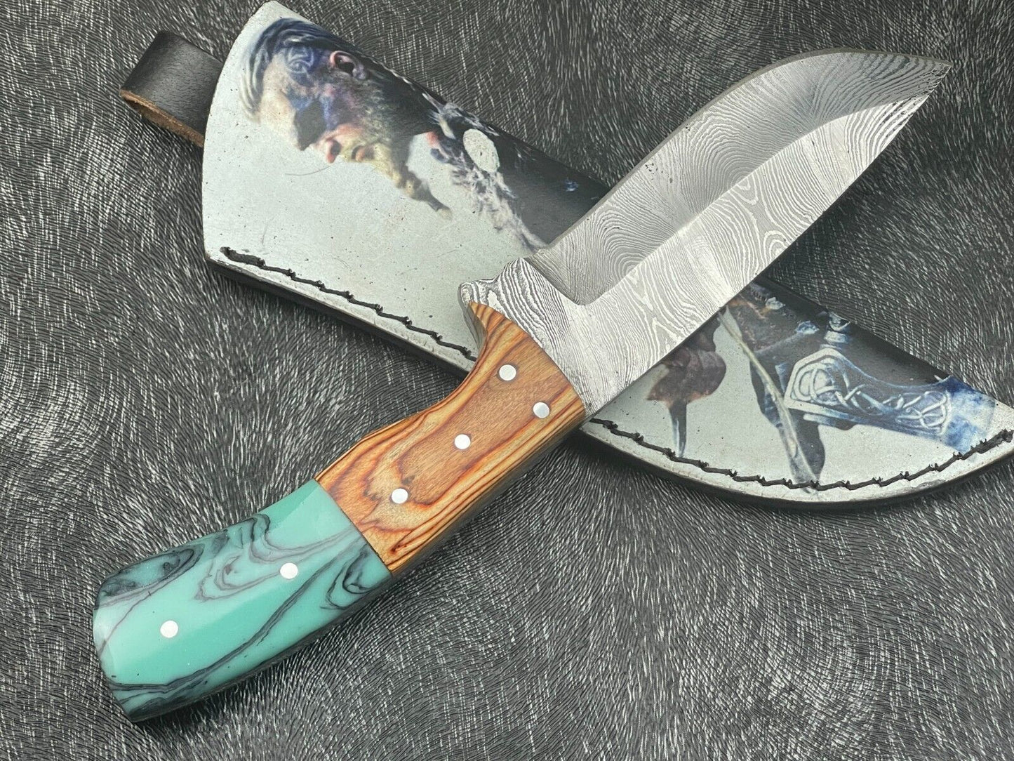 Handmade 8 Inch Damascus Skinning Knife with Resin and Hardwood Handle