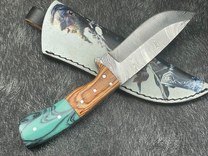 Handmade 8 Inch Damascus Skinning Knife with Resin and Hardwood Handle