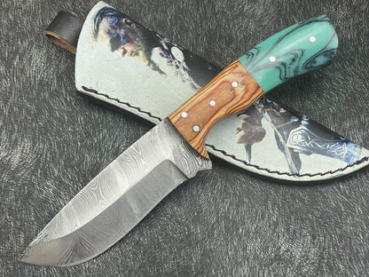 Handmade 8 Inch Damascus Skinning Knife with Resin and Hardwood Handle