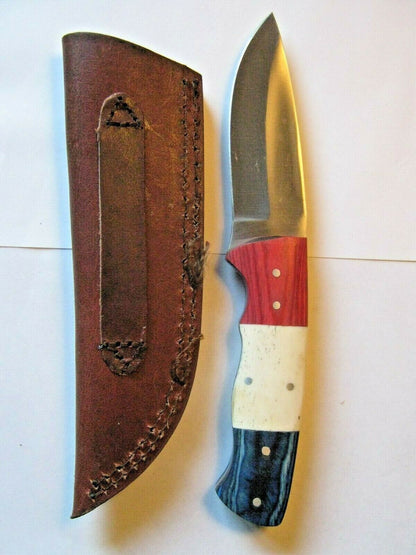 8" Red, White & Blue Skinner Knife – Full Tang Stainless Steel with Leather Sheath