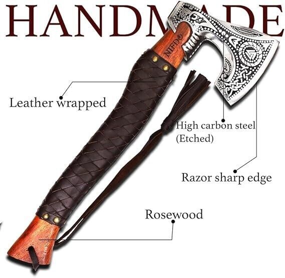 Handmade Viking Axe Hatchet – 20" Russian Valknut Throwing Axe with Rosewood Handle & Leather Sheath