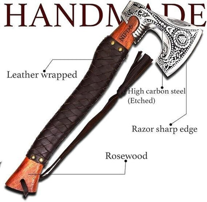 Handmade Viking Axe Hatchet – 20" Russian Valknut Throwing Axe with Rosewood Handle & Leather Sheath