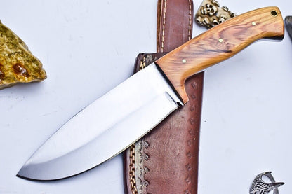 9.5" D2 Steel Hunting Skinner Knife with Wood Handle & Leather Sheath