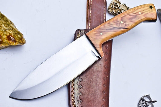 9.5" D2 Steel Hunting Skinner Knife with Wood Handle & Leather Sheath