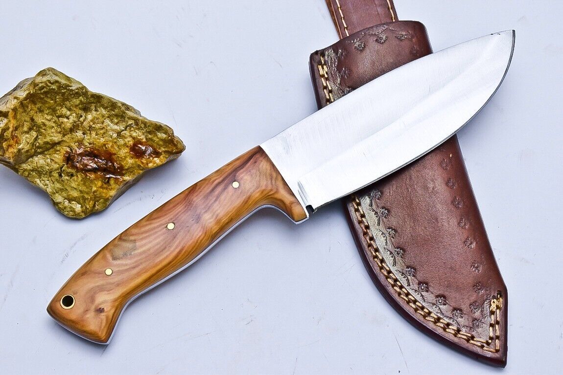9.5" D2 Steel Hunting Skinner Knife with Wood Handle & Leather Sheath