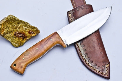 9.5" D2 Steel Hunting Skinner Knife with Wood Handle & Leather Sheath