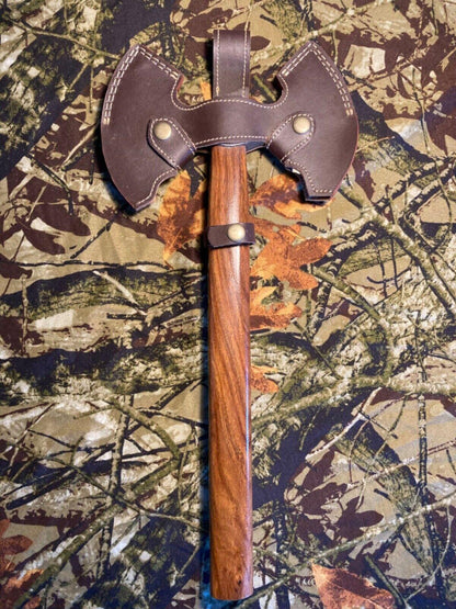 Handmade Damascus Steel Double Edge Battle Axe with Natural Wood Handle and Leather Sheath
